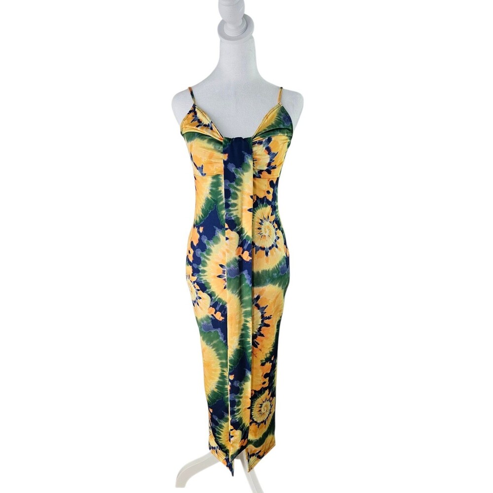 Womens Summer Deep V Neck Sexy Tie Dye Ribbon Detail Cami Bodycon Dress Short...